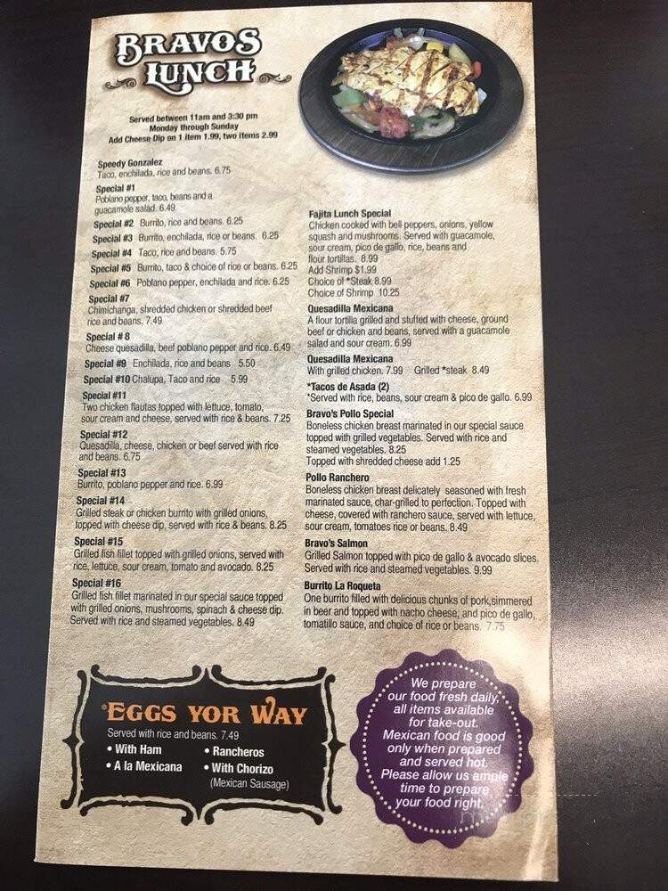 Bravo's Cantina & Grill - Sugar Hill, GA menu_pic