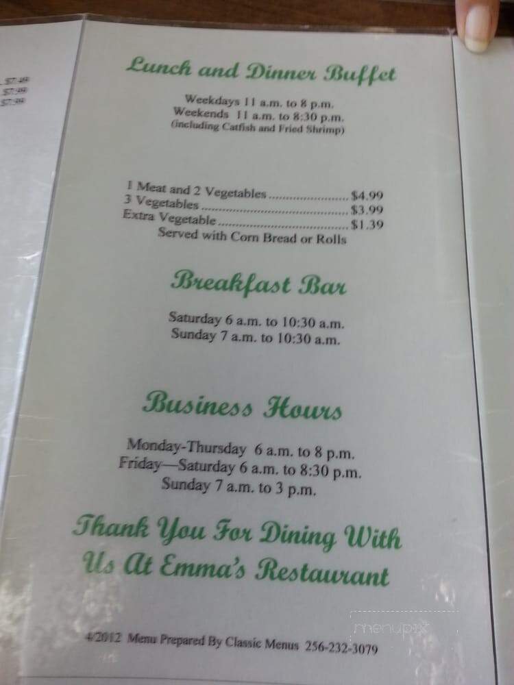 Emma's Family Restaurant - Manchester, TN menu_pic