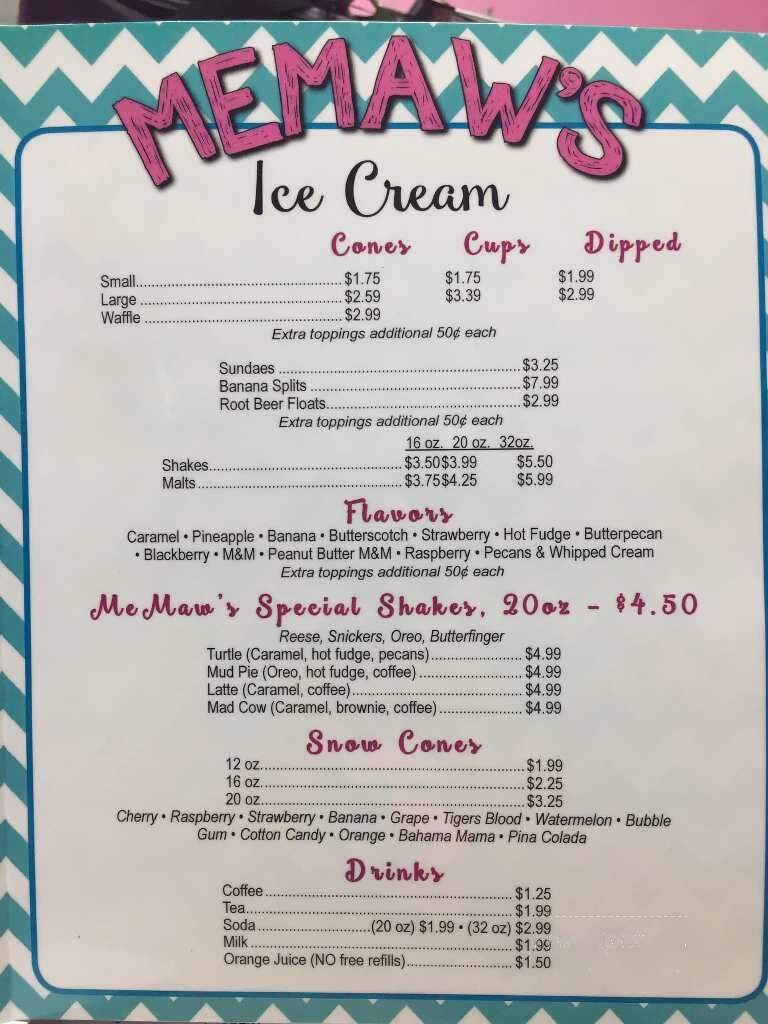 MeMaw's Shake Shack - Hermitage, MO menu_pic