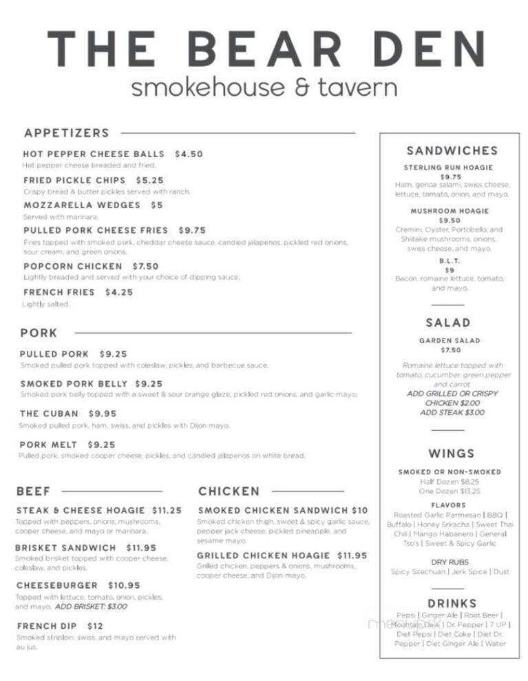 The Bear Den - Driftwood, PA menu_pic