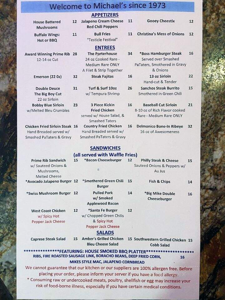 Michael's Big City Bar & Grill - Rawlins, WY menu_pic