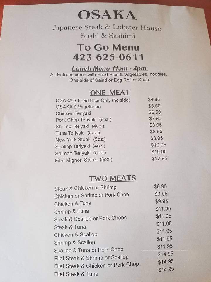 Osaka Japanese Steak and Lobster House - Newport, TN menu_pic