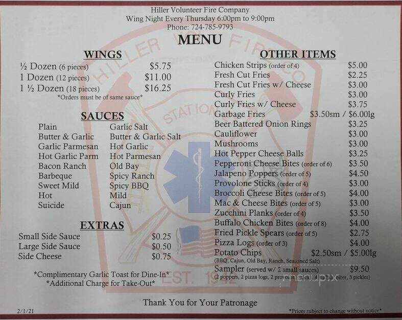 Hiller Volunteer Fire Dept Soc - Hiller, PA menu_pic
