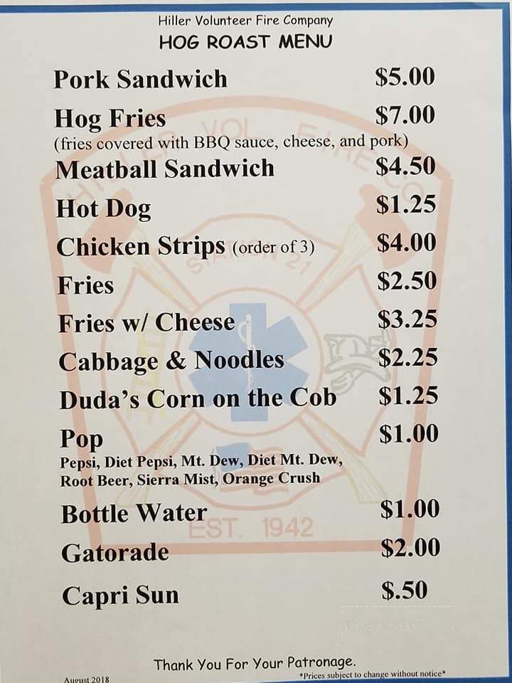 Hiller Volunteer Fire Dept Soc - Hiller, PA menu_pic