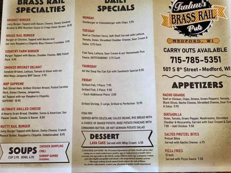 Brass Rail - Medford, WI menu_pic