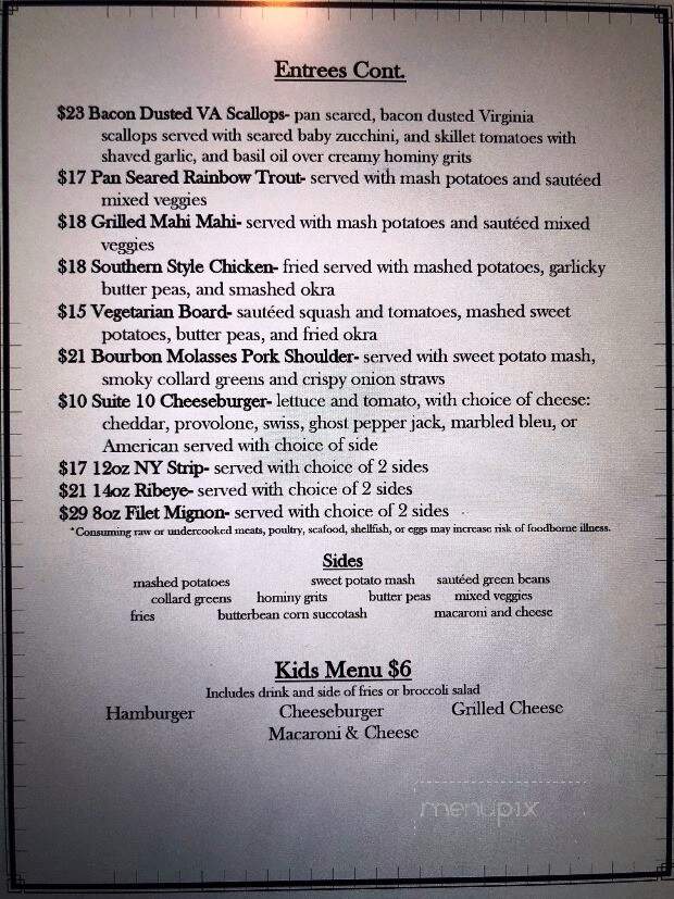 Suite 10 Restaurant & Bar - Evans, GA menu_pic