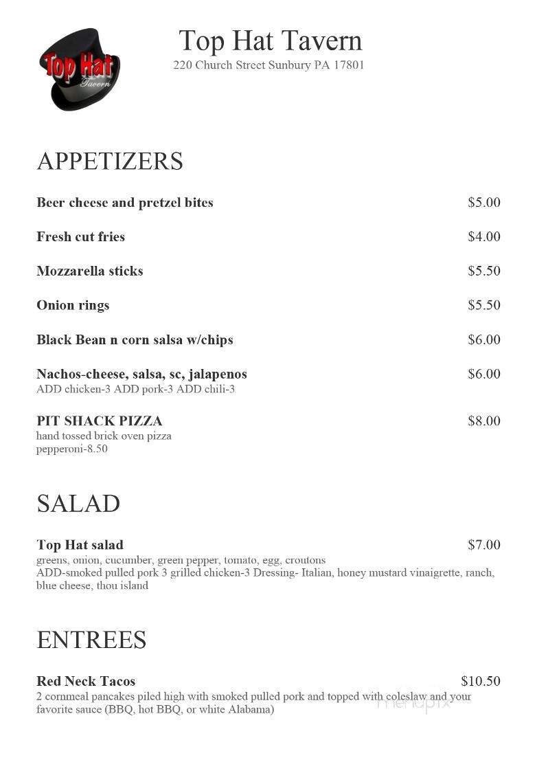 Top Hat - Sunbury, PA menu_pic