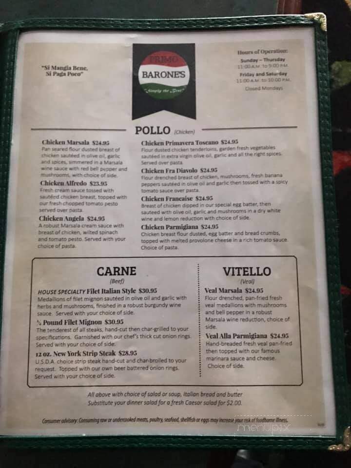 Primo Barone's Restaurant - Franklin, PA menu_pic