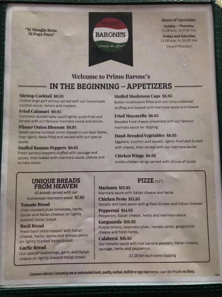 Primo Barone's Restaurant - Franklin, PA menu_pic