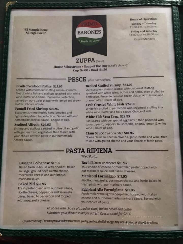 Primo Barone's Restaurant - Franklin, PA menu_pic