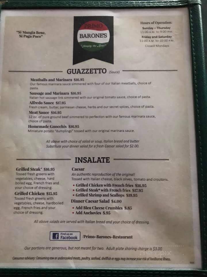Primo Barone's Restaurant - Franklin, PA menu_pic