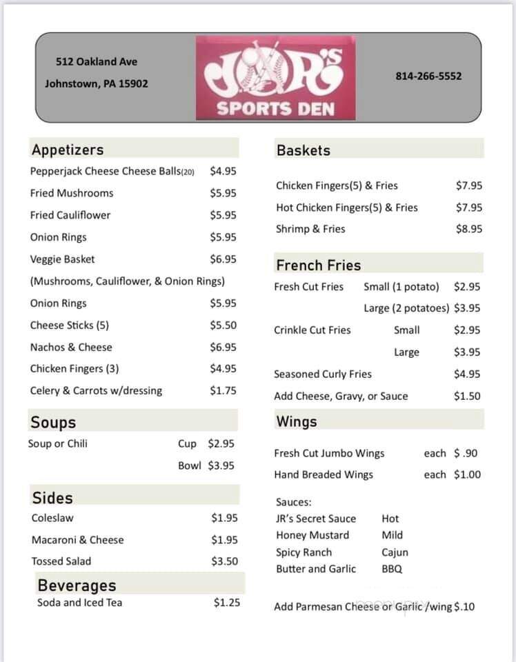 J R's Sports Den Restaurant - Johnstown, PA menu_pic