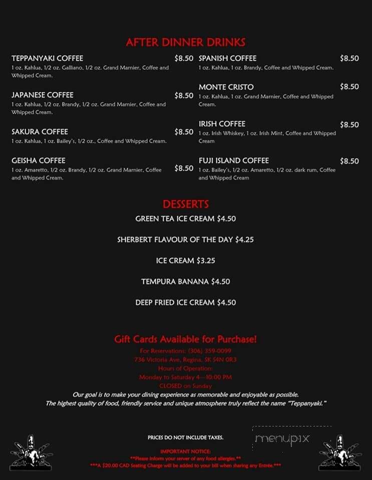 Teppanyaki Japanese Steakhouse - Regina, SK menu_pic