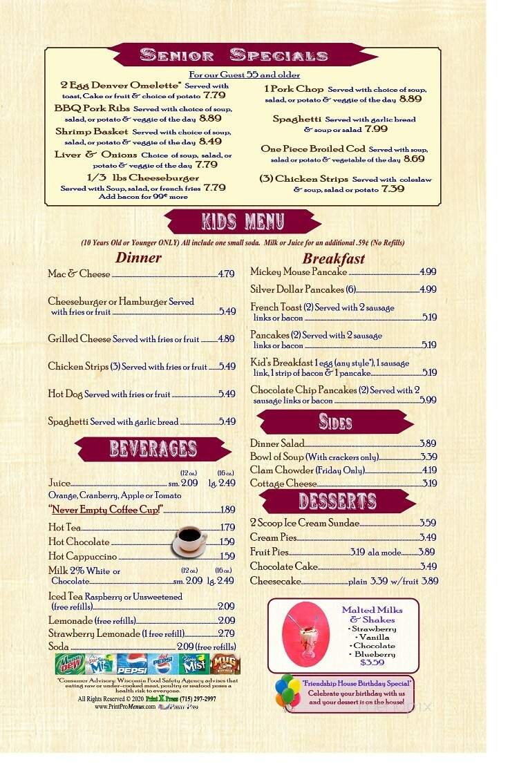 Friendship House Family Restaurant - Eagle River, WI menu_pic