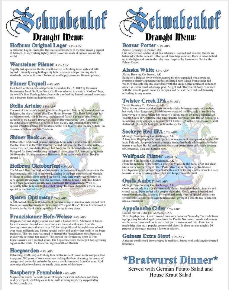 Schwabenhof Incorporated - Wasilla, AK menu_pic