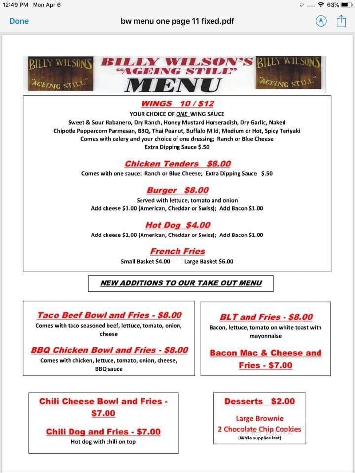 Billy Wilson's Ageing Still - Norwich, CT menu_pic