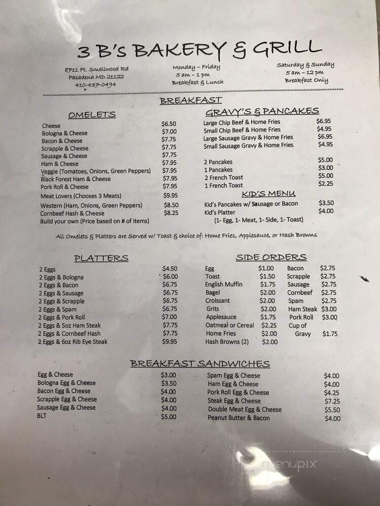 Three B's Bakery & Lunch - Pasadena, MD menu_pic