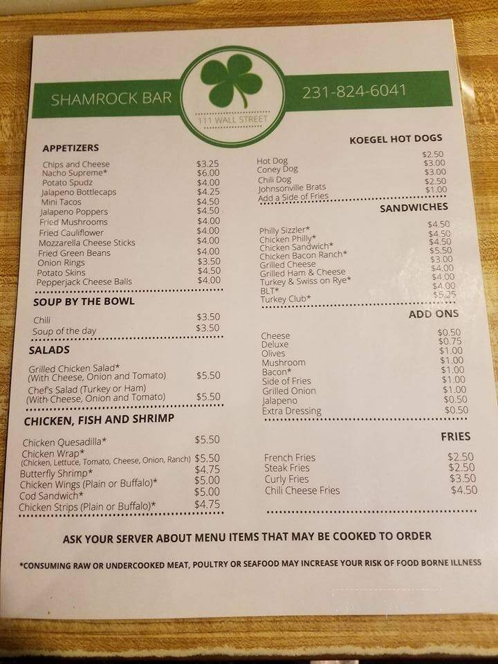 Shamrock Tavern - Manton, MI menu_pic
