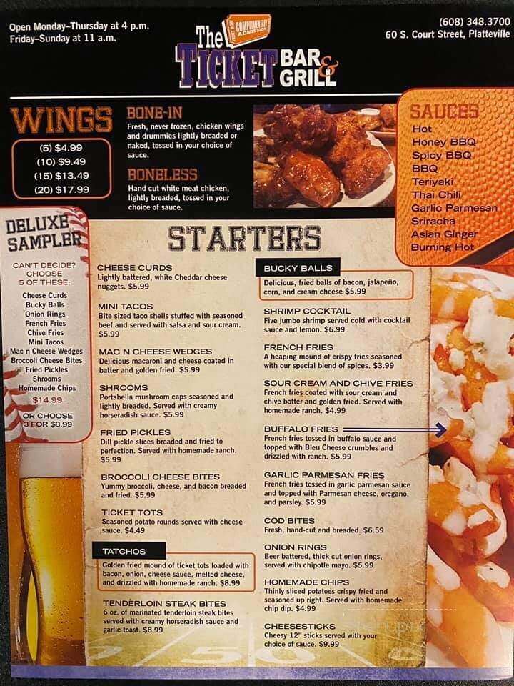 Ticket Bar & Grill - Platteville, WI menu_pic