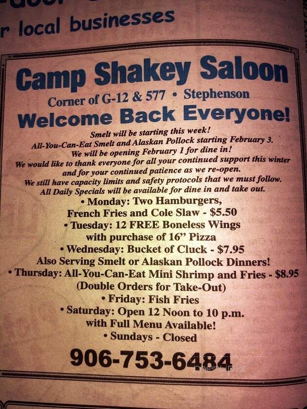 Camp Shakey Saloon - Stephenson, MI