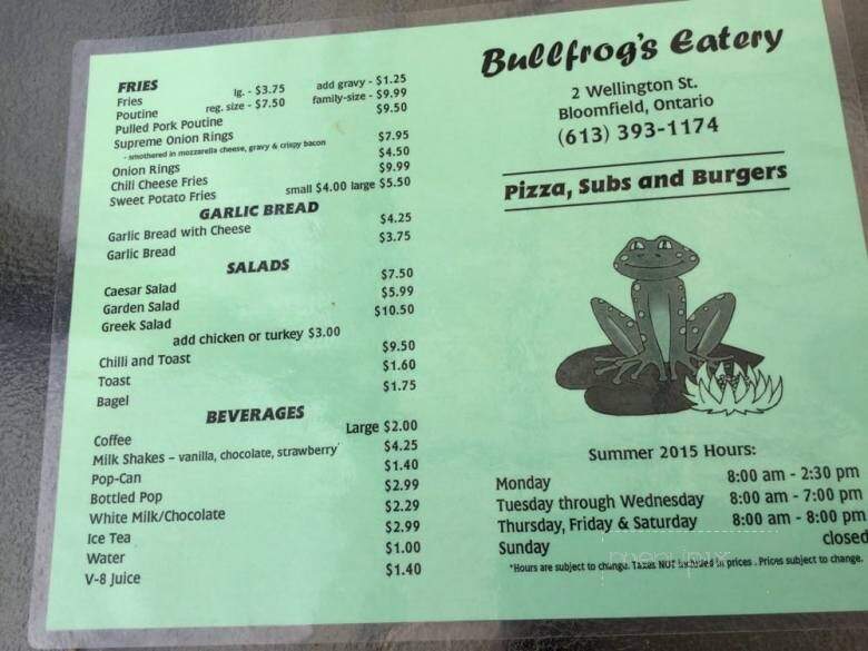 Bull Frogs Eatery - Prince Edward, ON menu_pic