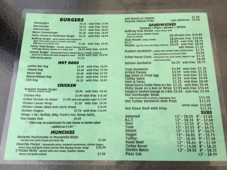 Bull Frogs Eatery - Prince Edward, ON menu_pic