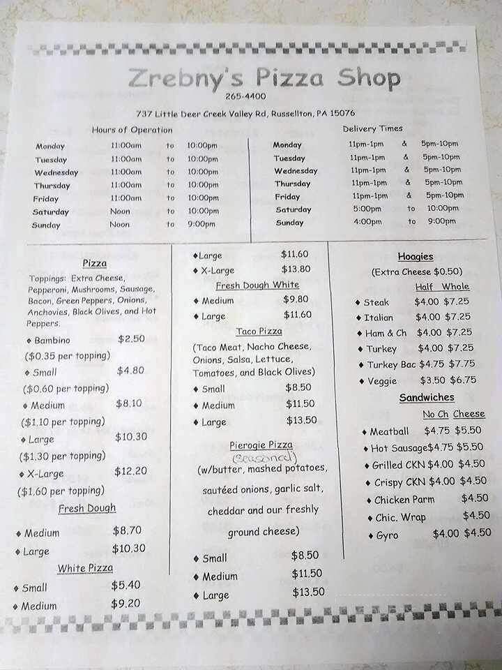 Zrebny's Pizza Shop - Russellton, PA menu_pic