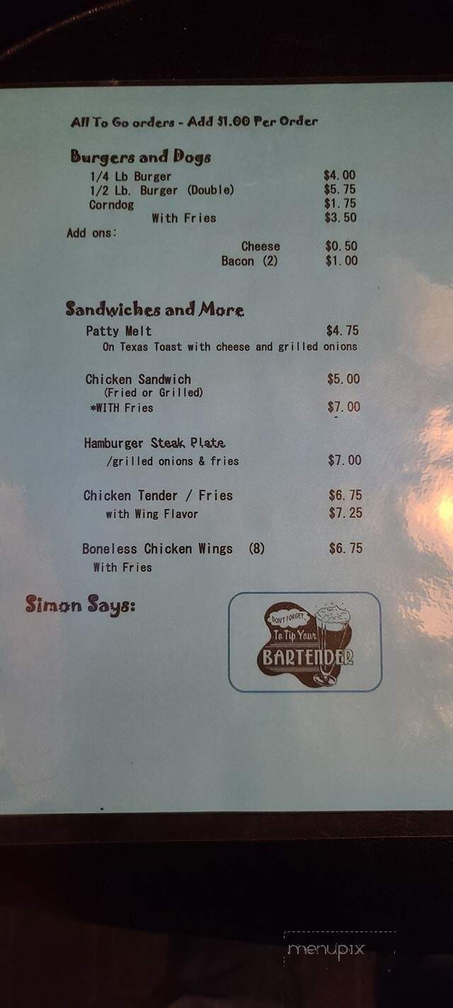 Simon's Bar & Grill - Anderson, SC menu_pic