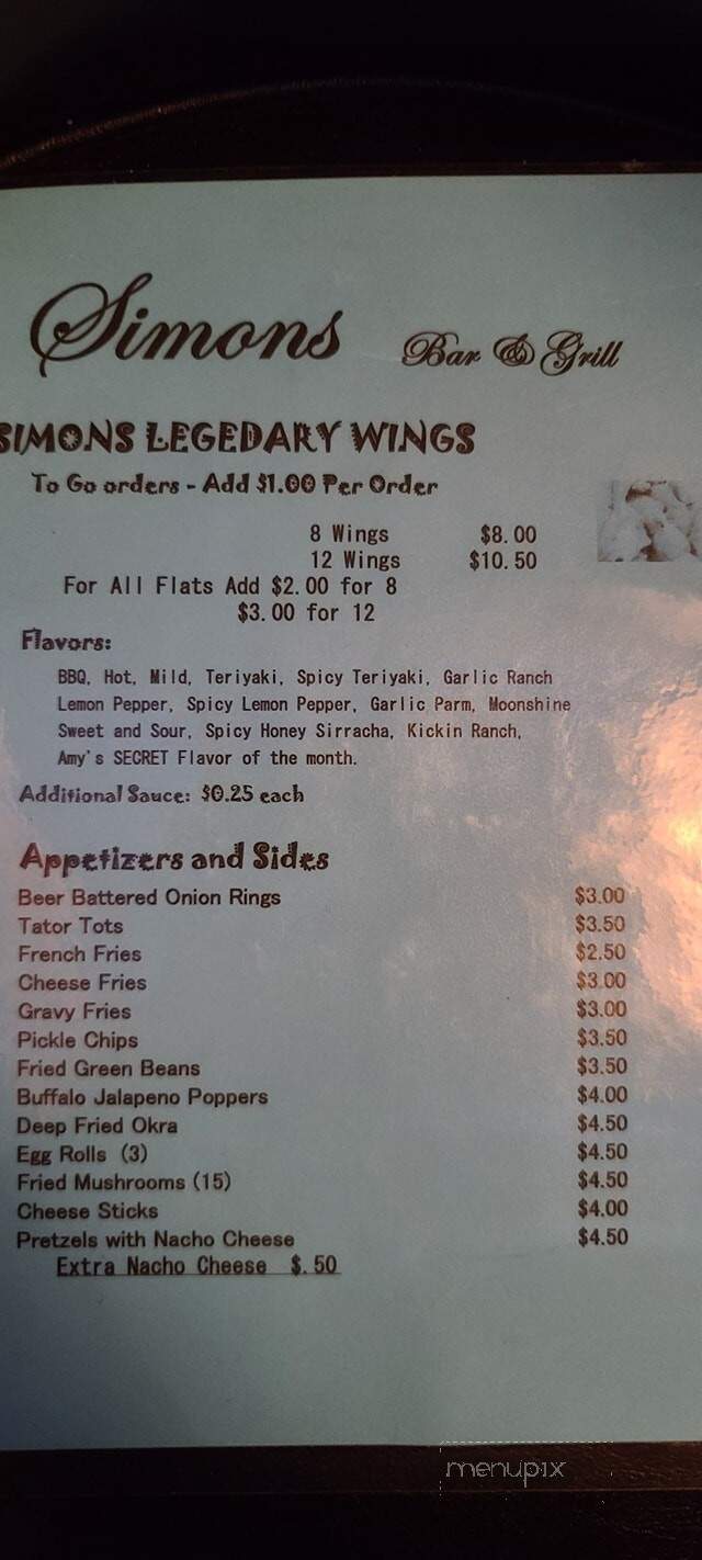 Simon's Bar & Grill - Anderson, SC menu_pic