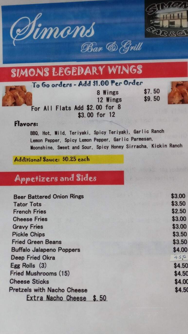 Simon's Bar & Grill - Anderson, SC menu_pic
