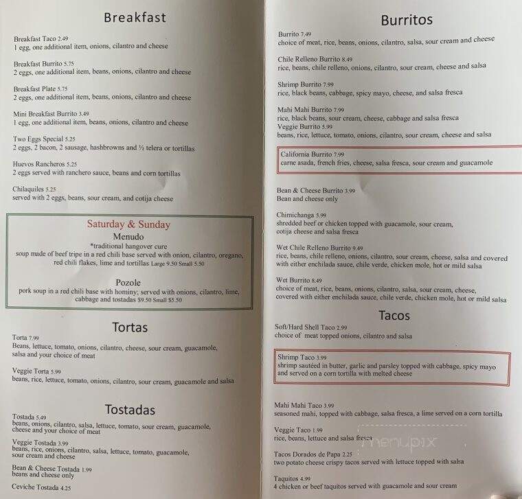 El Molino De Oro - San Juan Capistrano, CA menu_pic