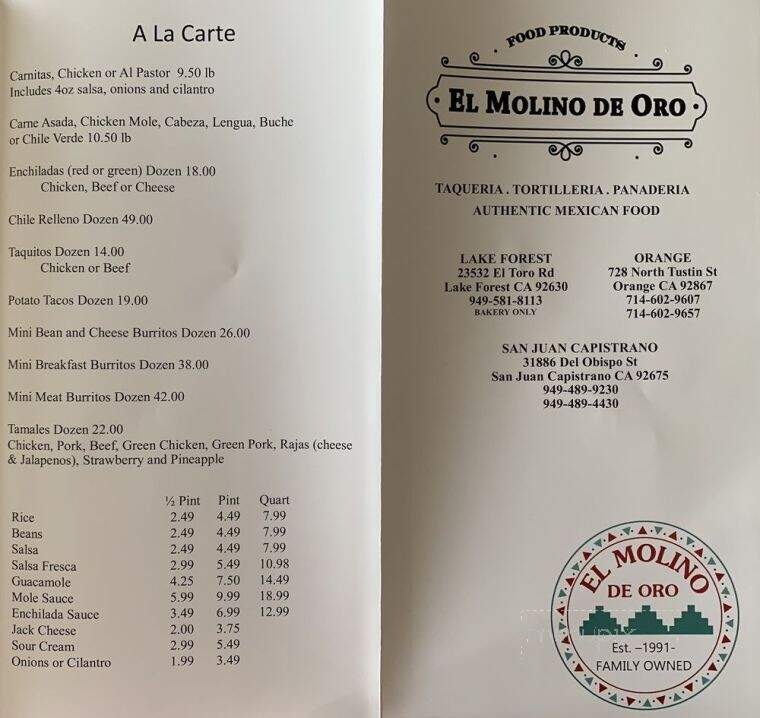 El Molino De Oro - San Juan Capistrano, CA menu_pic