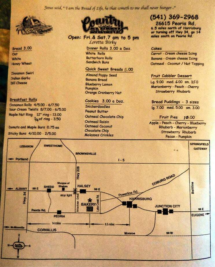 Country Bakery - Halsey, OR menu_pic