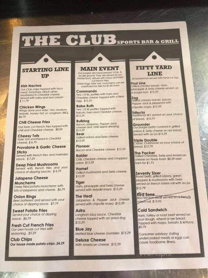 the yacht club sports bar & grill liverpool menu