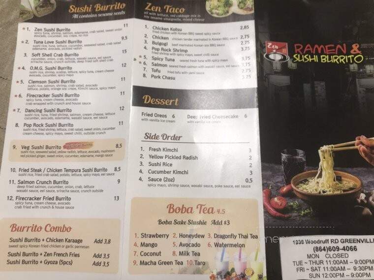 Zen Ramen and Sushi Burrito - Greenville, SC menu_pic