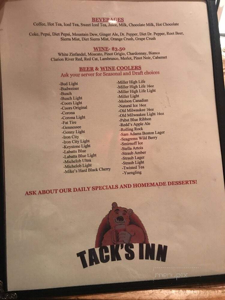 Tack's Inn - Lewis Run, PA menu_pic