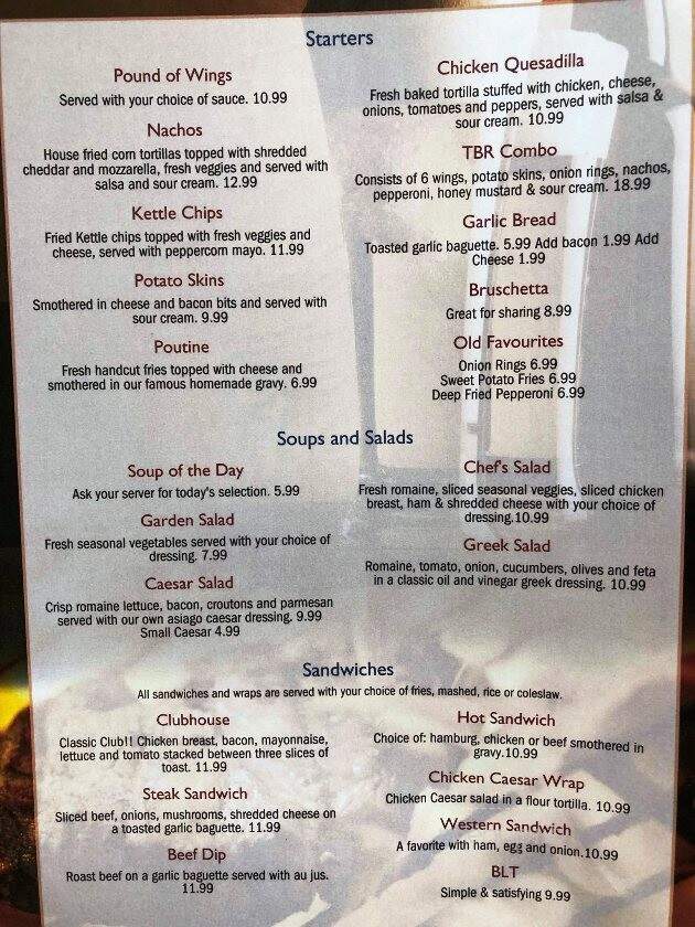 TBR Restaurant and Lounge - Halifax, NS menu_pic