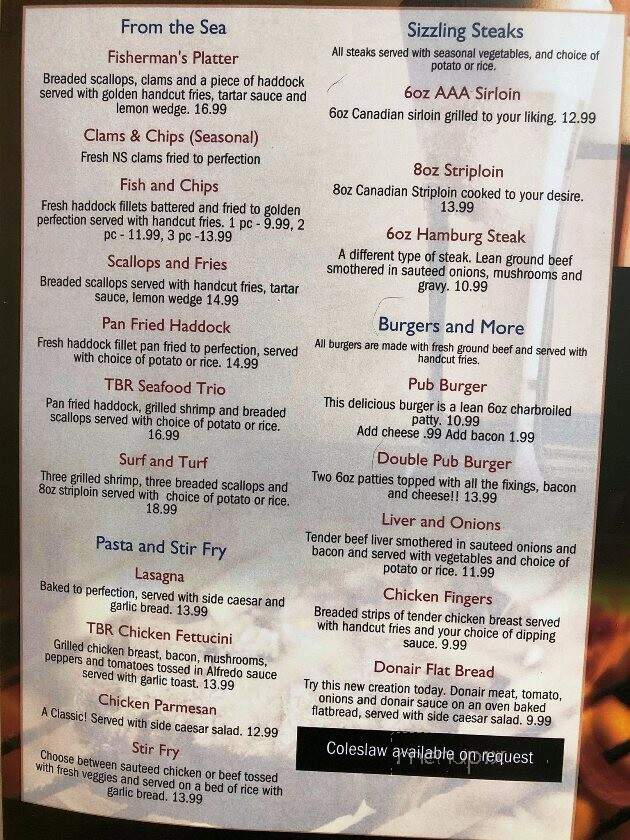 TBR Restaurant and Lounge - Halifax, NS menu_pic
