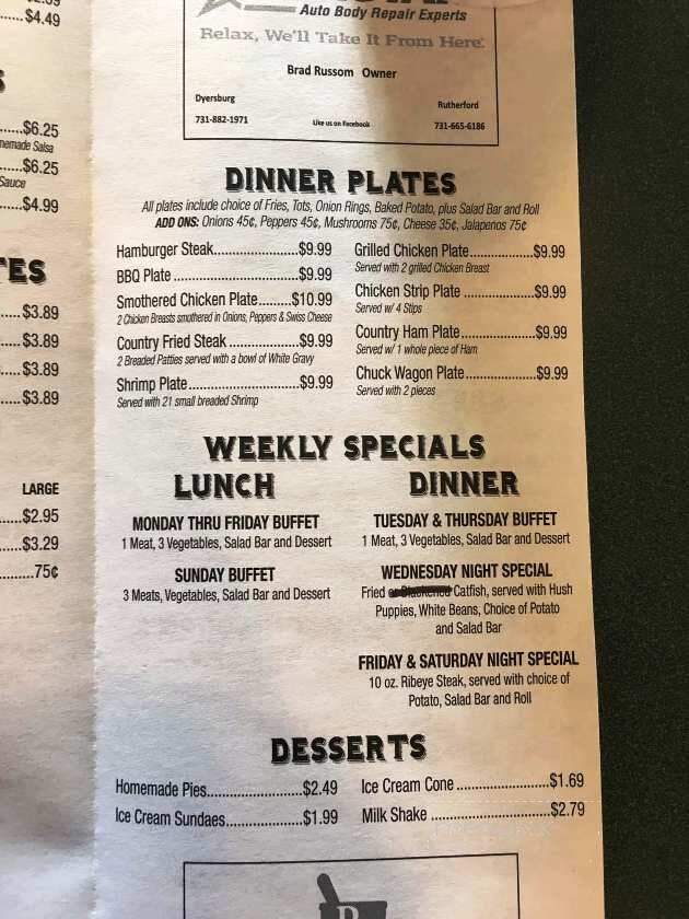 Joe Deana's Bypass Cafe - Dyer, TN menu_pic