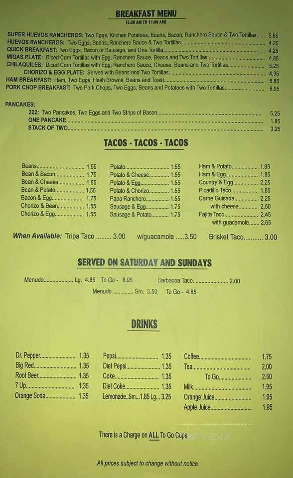 El Castillo Restaurante - Pleasanton, TX menu_pic