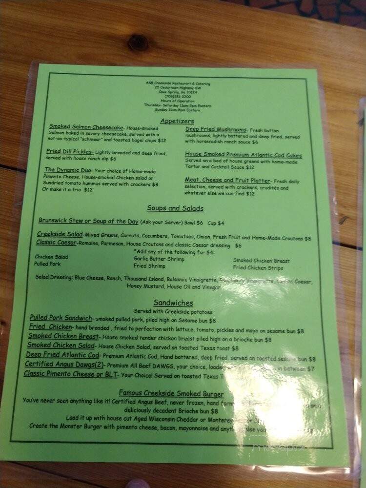 Creekside Restaurant - Cave Spring, GA menu_pic