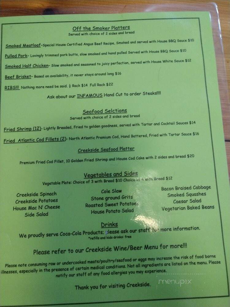Creekside Restaurant - Cave Spring, GA menu_pic