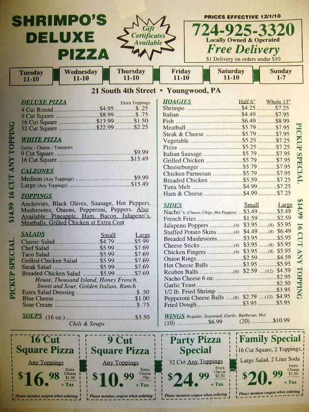 Shrimpo's Deluxe Pizza - Youngwood, PA menu_pic