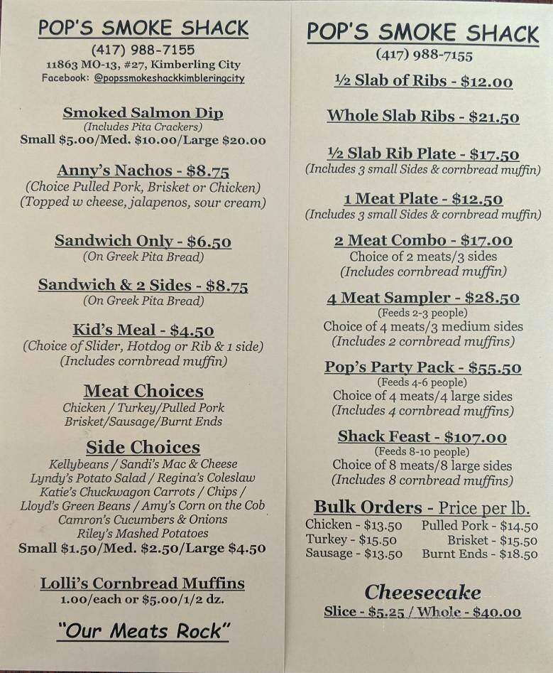 Pop's Smoke Shack - Branson West, MO menu_pic