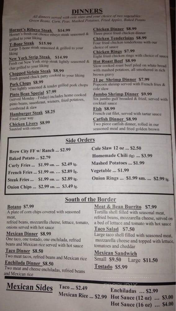 Hornet's Restaurant - Phelps, KY menu_pic