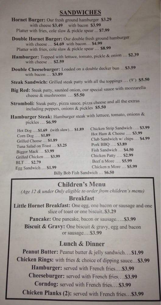 Hornet's Restaurant - Phelps, KY menu_pic