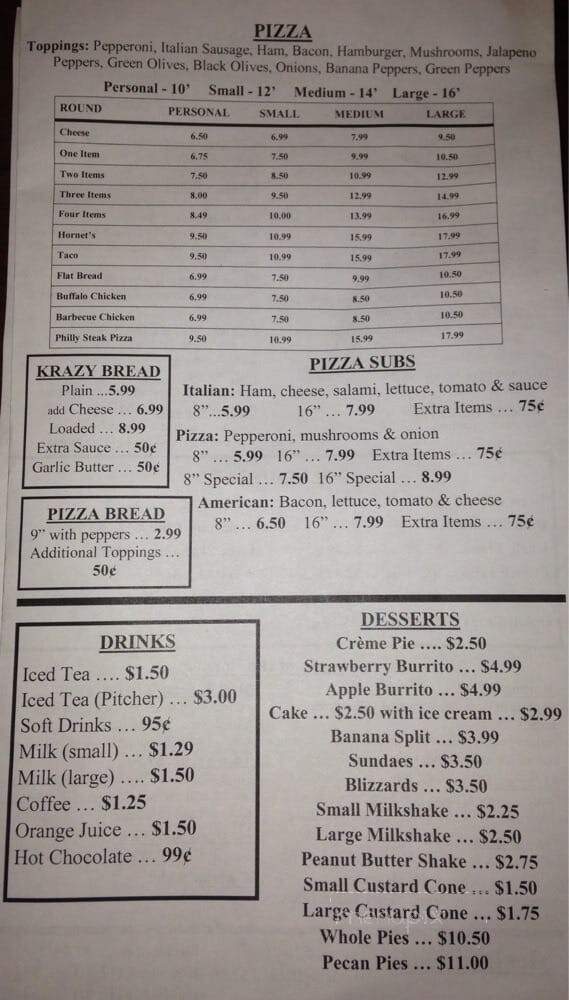 Hornet's Restaurant - Phelps, KY menu_pic