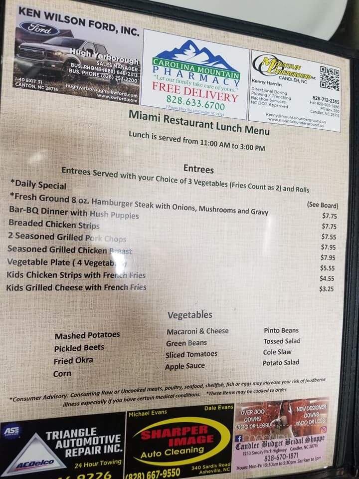 Miami Restaurant - Candler, NC menu_pic