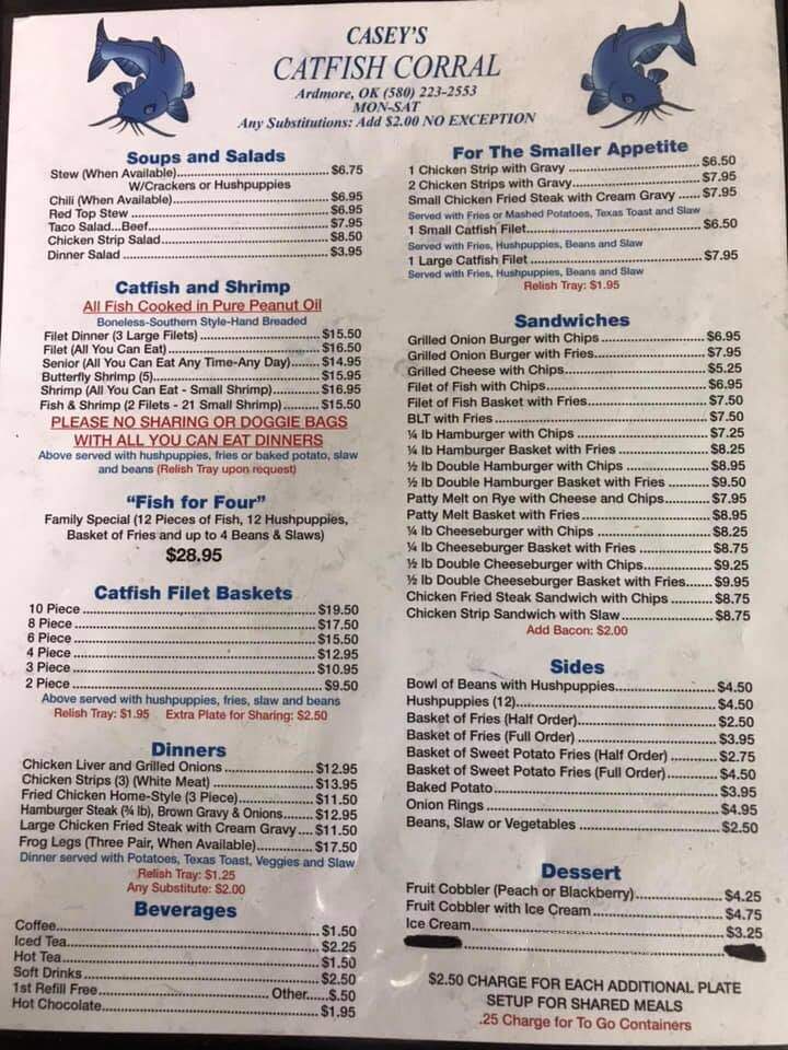 Casey's Catfish Corral - Ardmore, OK menu_pic