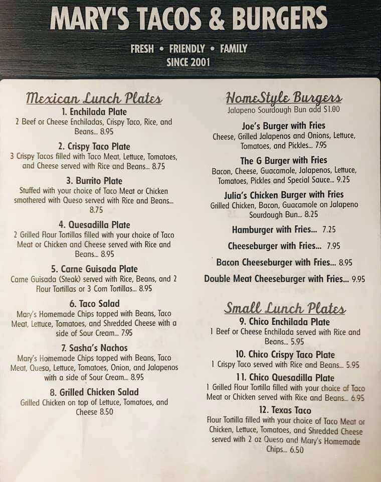 Mary's Tacos & Burgers - Goldthwaite, TX menu_pic